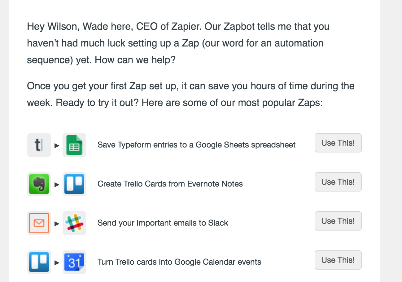 image of personal zapier email because personalizing emails is one of the best retention practices