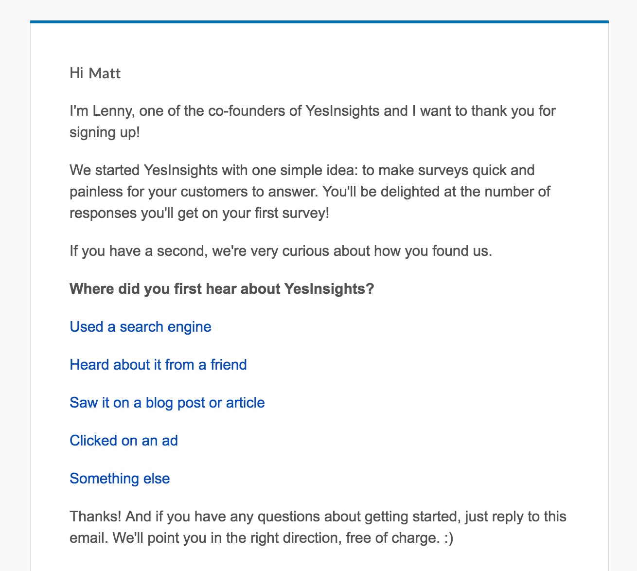image of yesinsight's example of survey questions to ask new customers in the onboarding sequence