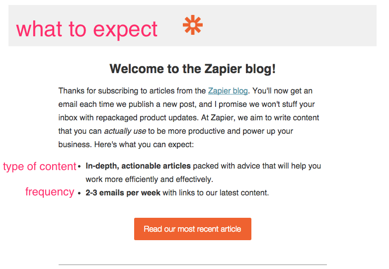 image of how zapier's blog optimizes their welcome emails for new customers